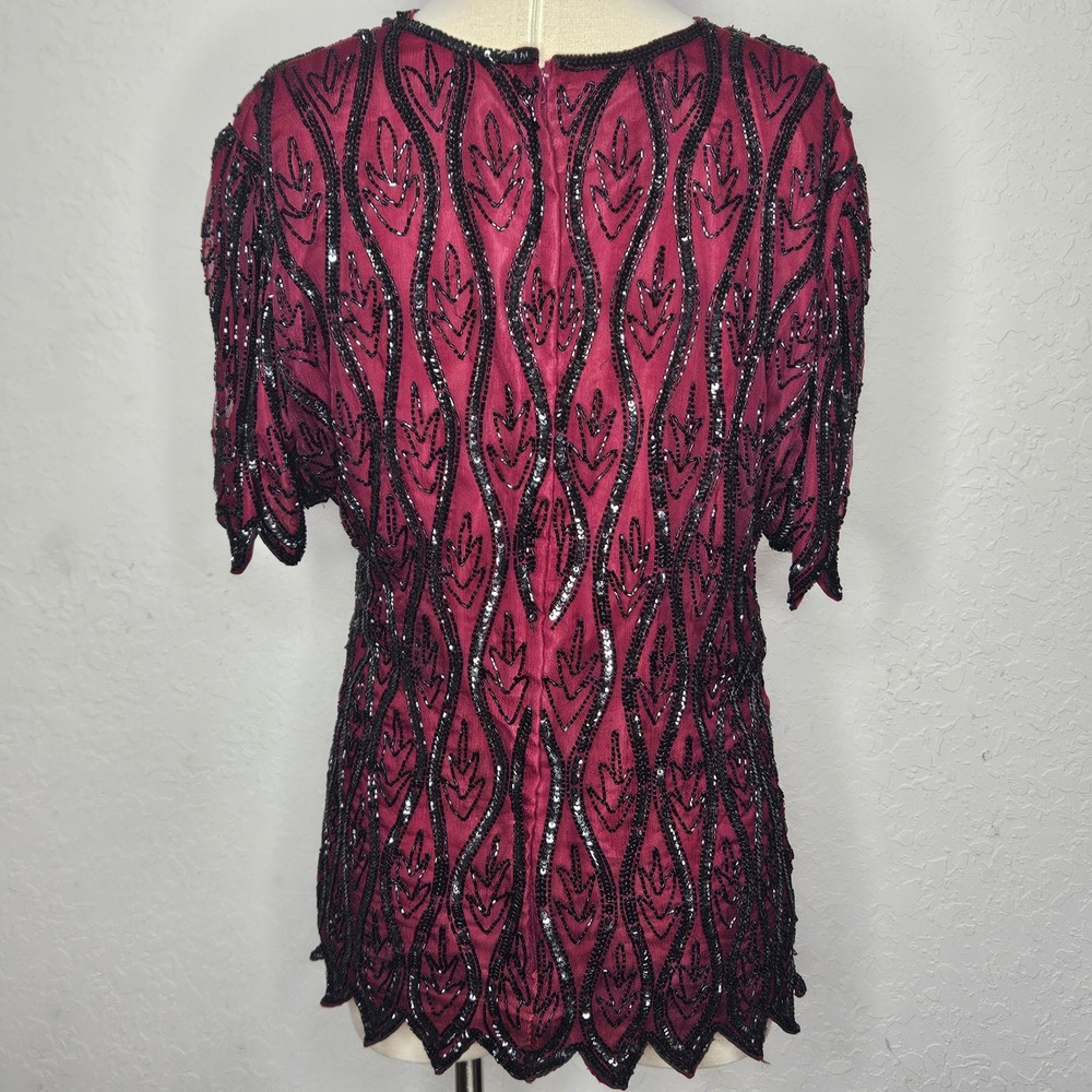 Stenay Petite Vintage Beaded Sequin Silk Blouse Burgundy‎ Black Scalloped PL - Picture 6 of 10